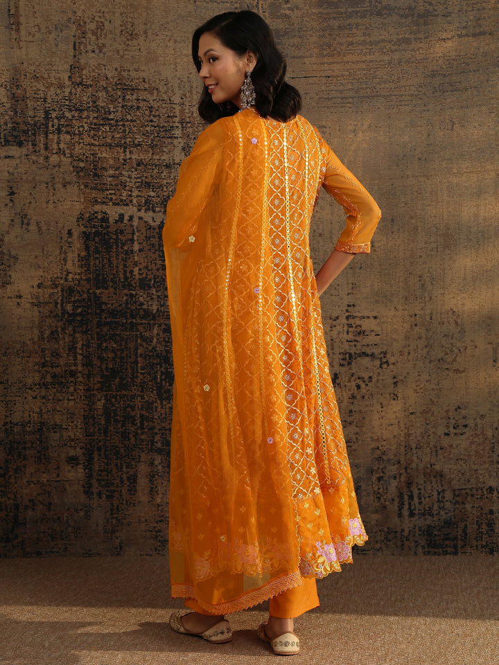 Orange Embroidered Chiffon Straight Suit Set With Dupatta