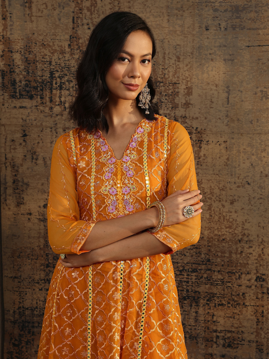 Orange Embroidered Chiffon Straight Suit Set With Dupatta