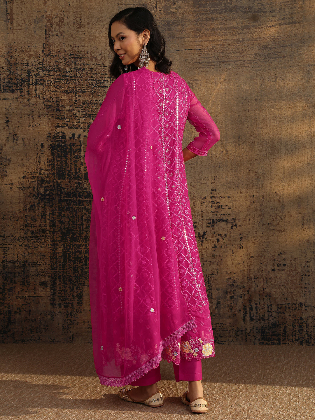 Pink Embroidered Chiffon Anarkali Suit Set With Dupatta