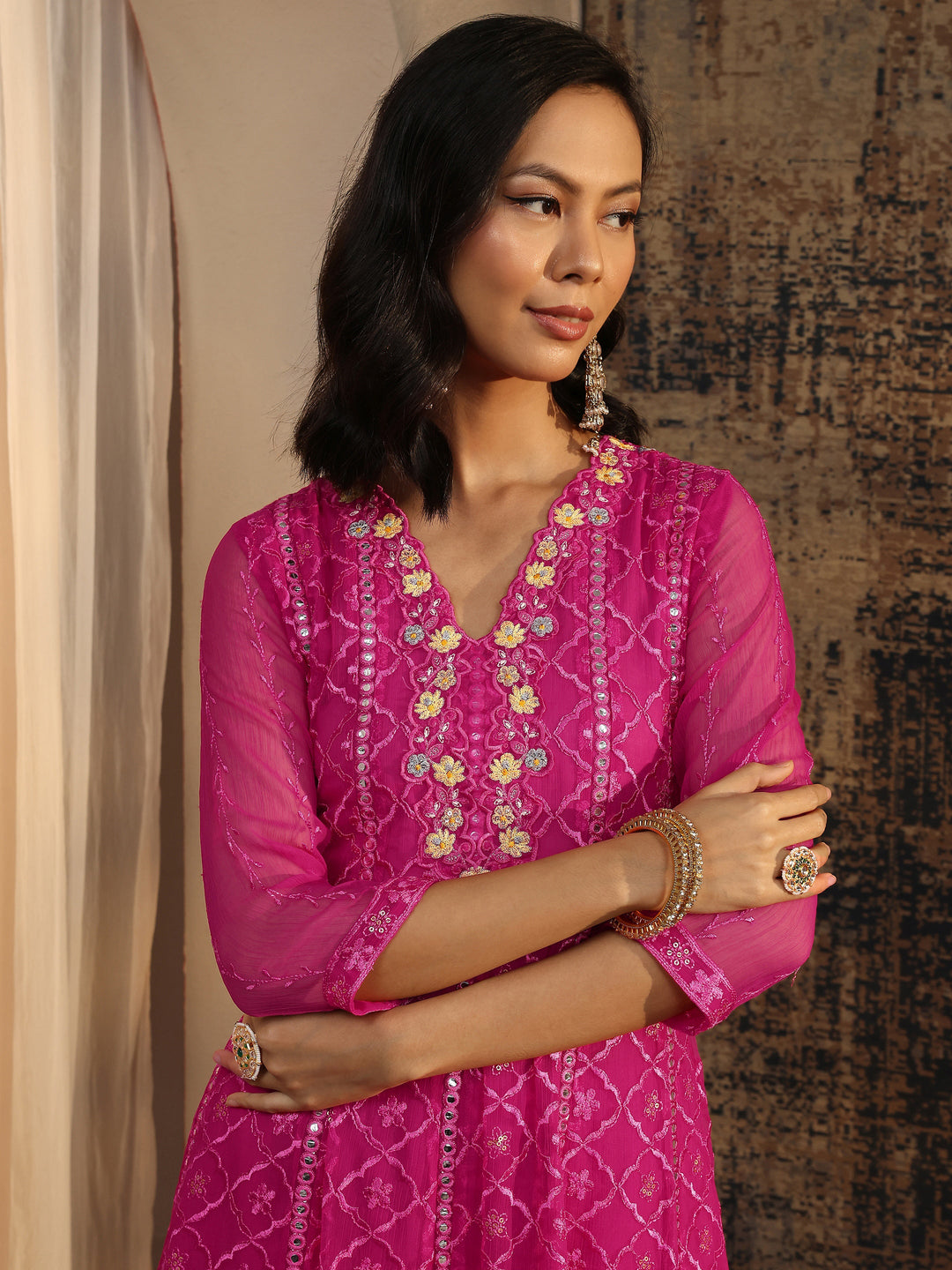 Pink Embroidered Chiffon Anarkali Suit Set With Dupatta