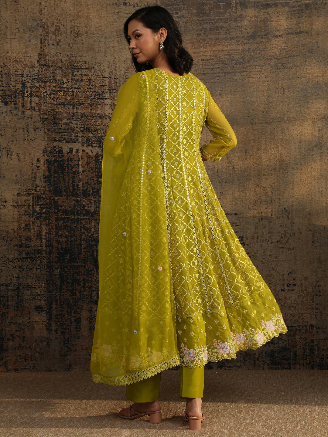 Green Embroidered Chiffon Anarkali Suit Set With Dupatta