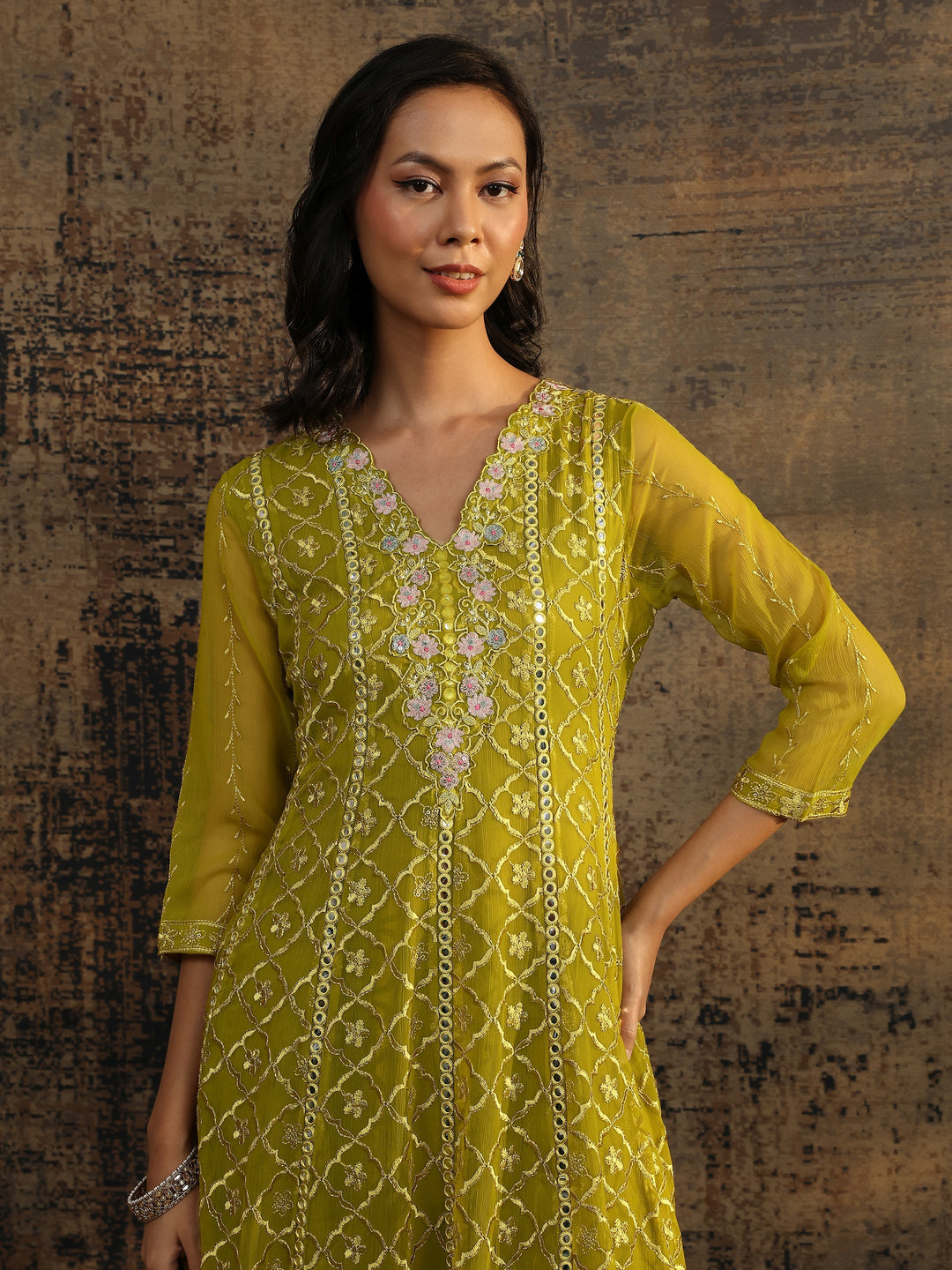 Green Embroidered Chiffon Anarkali Suit Set With Dupatta