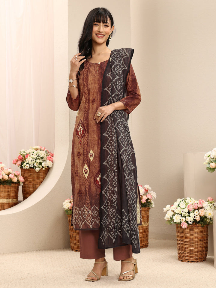 Brown Geometric Printed Cotton Blend Straight Suit Set With Dupatta