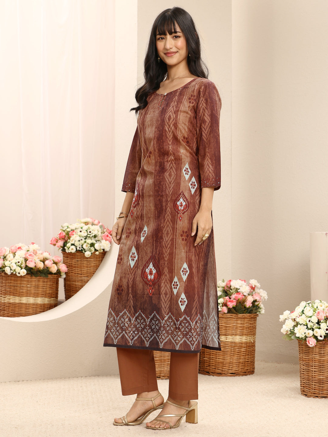 Brown Geometric Printed Cotton Blend Straight Suit Set With Dupatta