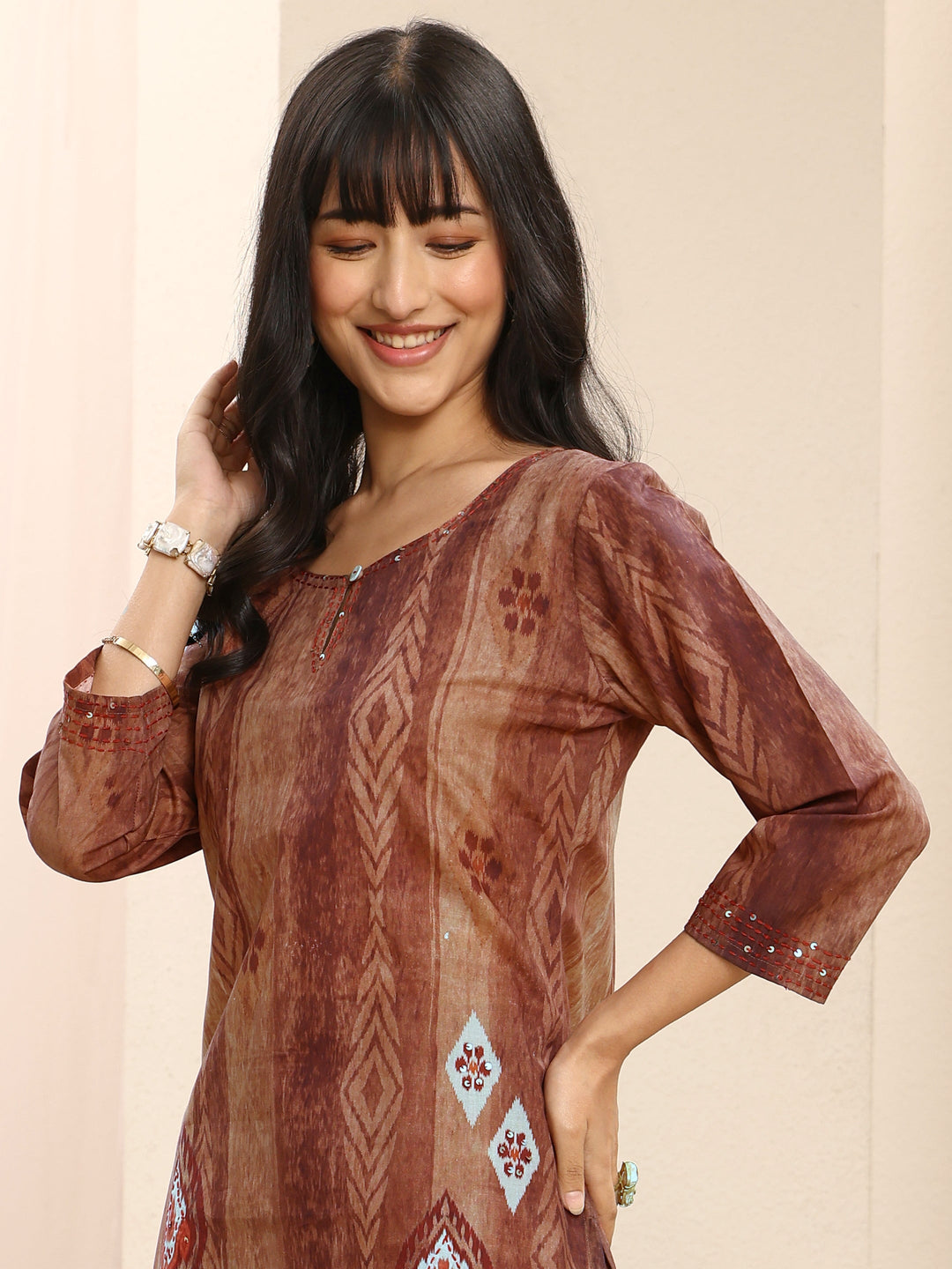 Brown Geometric Printed Cotton Blend Straight Suit Set With Dupatta