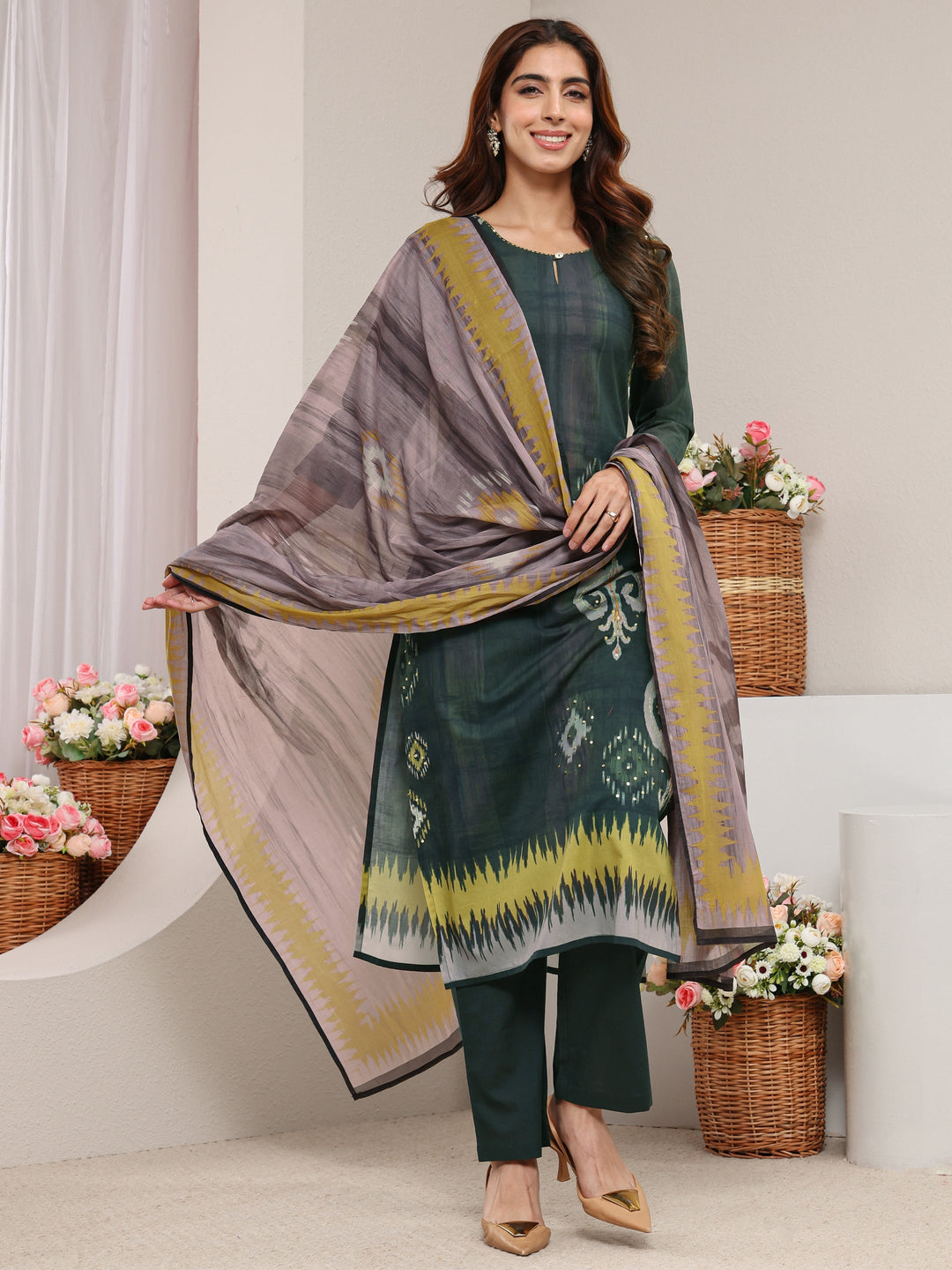 Green Ethnic Printed Cotton Blend Straight Suit Set with Dupatta