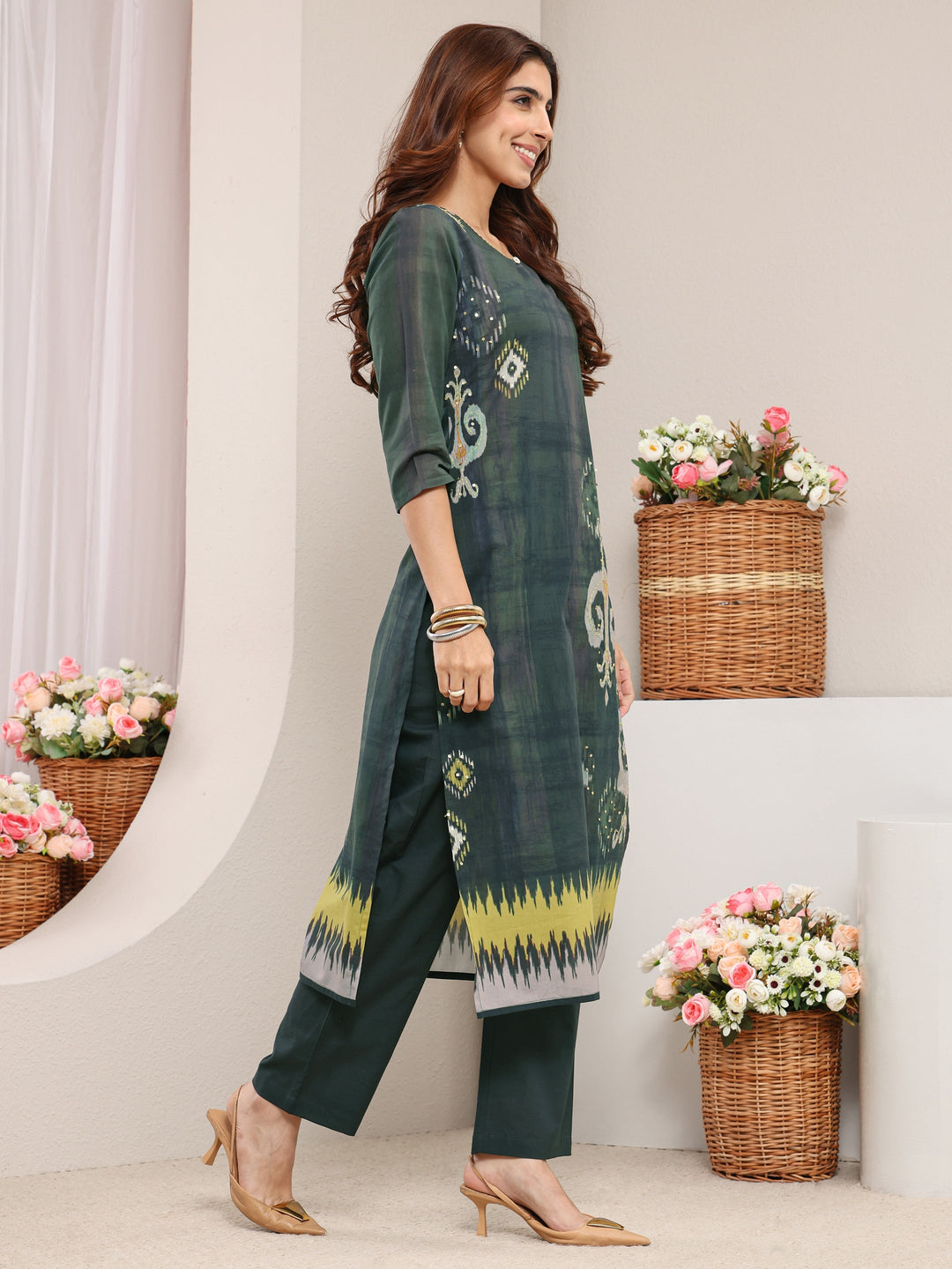 Green Ethnic Printed Cotton Blend Straight Suit Set with Dupatta