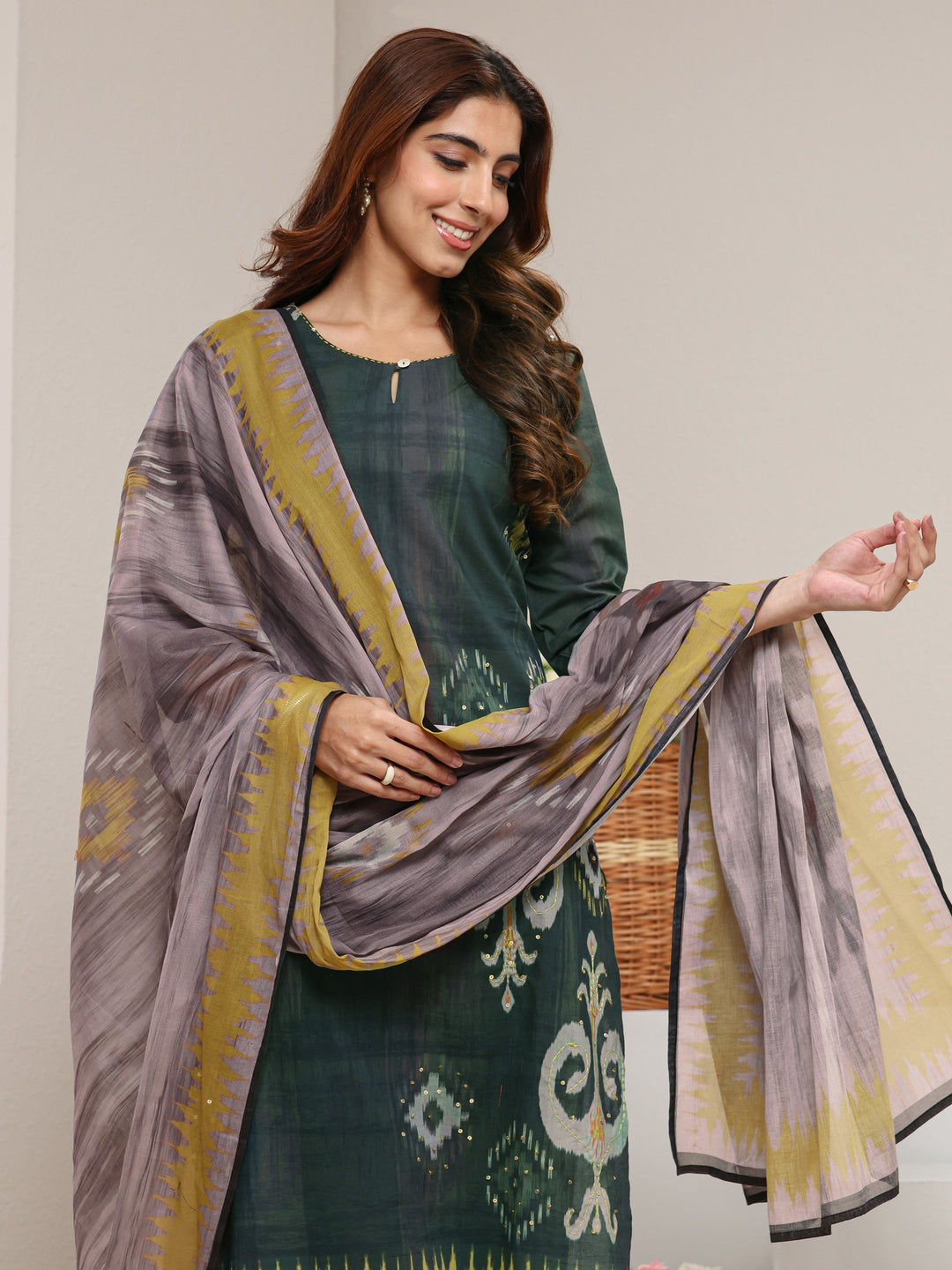 Green Ethnic Printed Cotton Blend Straight Suit Set with Dupatta