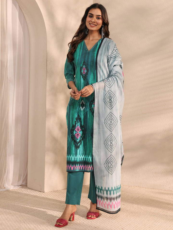 Green Abstract Printed Cotton Blend Straight Suit Set With Dupatta