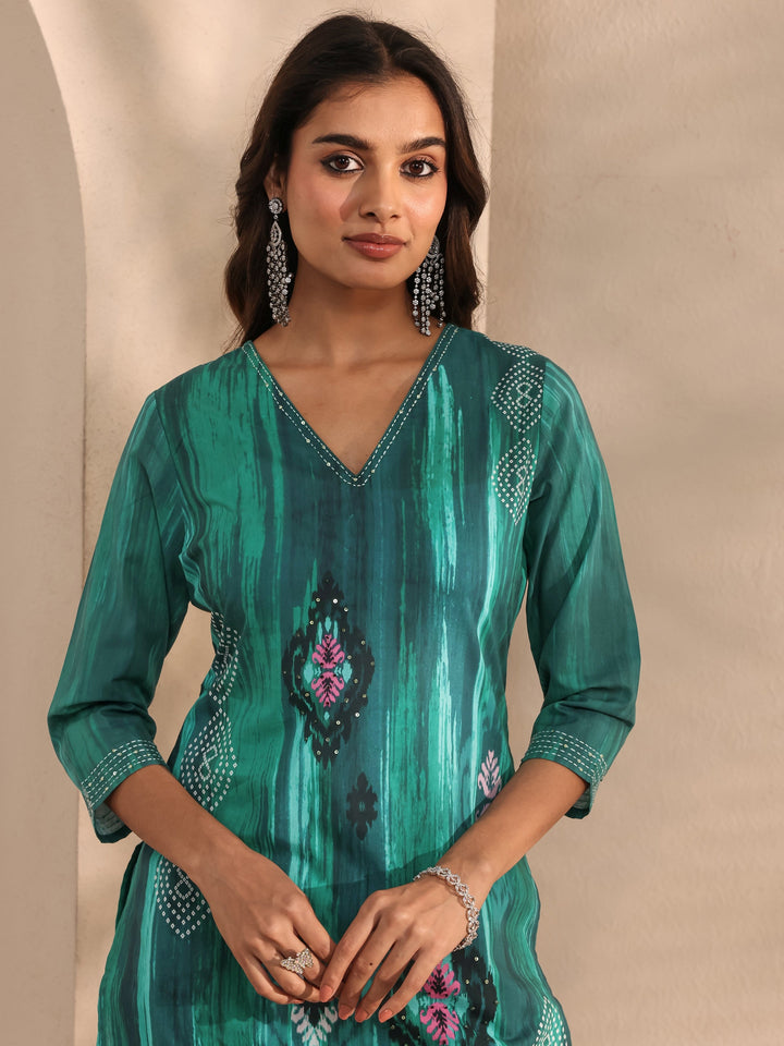 Green Abstract Printed Cotton Blend Straight Suit Set With Dupatta