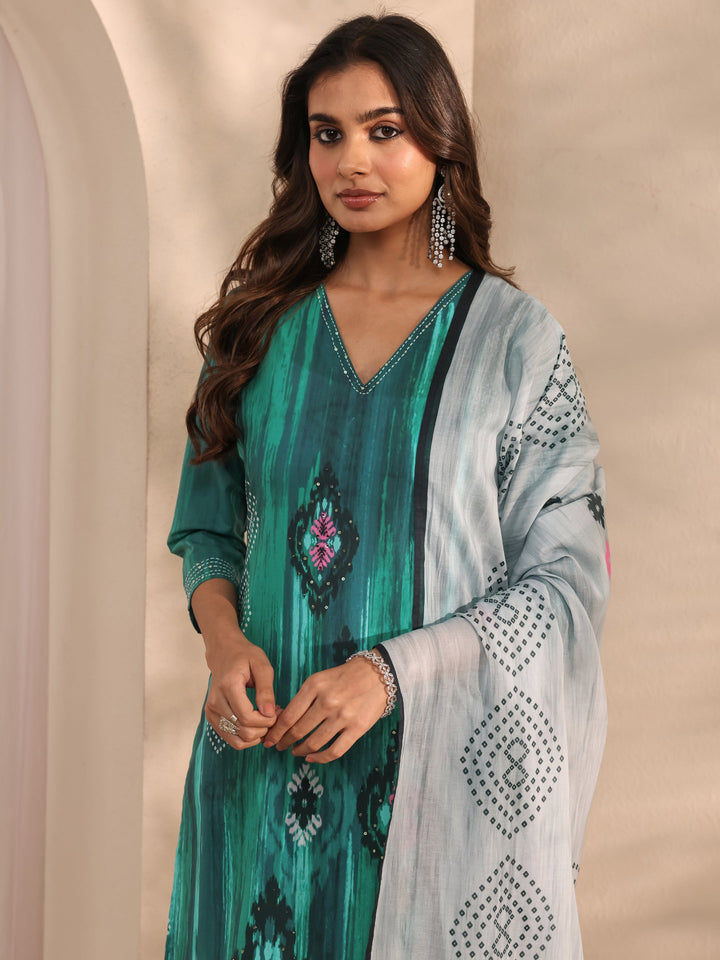 Green Abstract Printed Cotton Blend Straight Suit Set With Dupatta