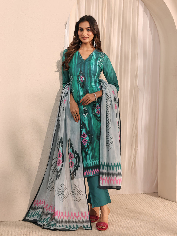 Green Abstract Printed Cotton Blend Straight Suit Set With Dupatta
