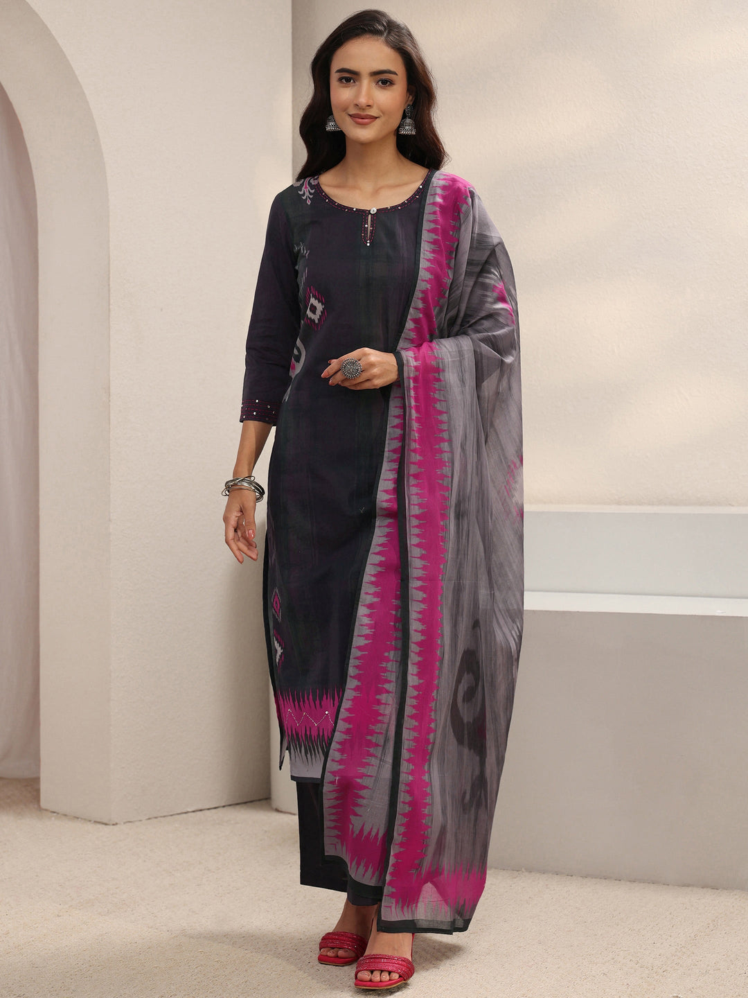 Burgundy Ethnic Printed Cotton Blend Straight Suit Set With Dupatta