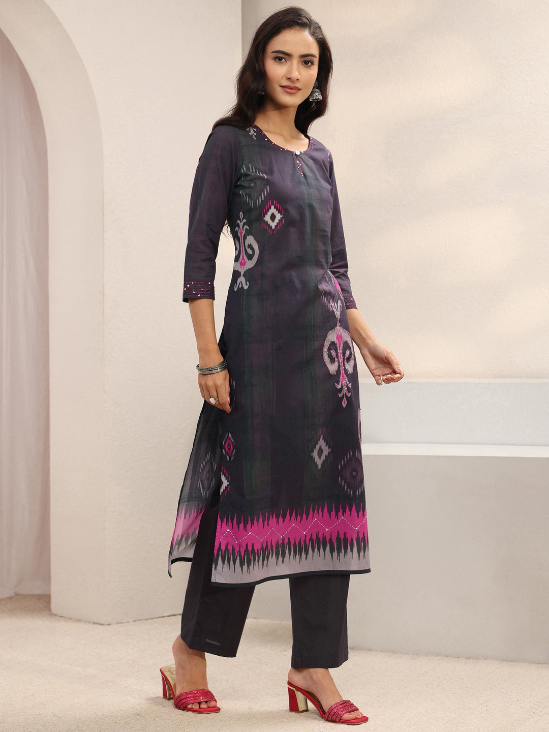 Burgundy Ethnic Printed Cotton Blend Straight Suit Set With Dupatta
