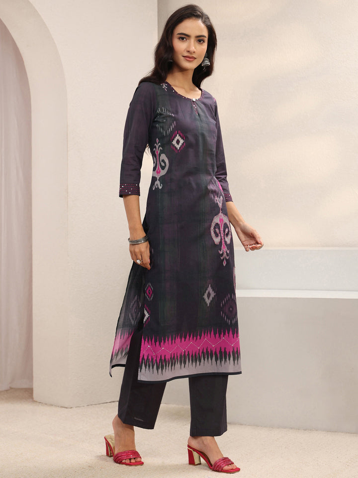 Burgundy Ethnic Printed Cotton Blend Straight Suit Set With Dupatta
