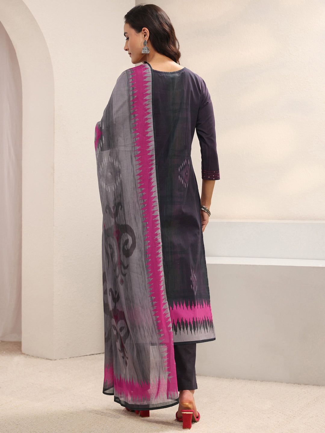 Burgundy Ethnic Printed Cotton Blend Straight Suit Set With Dupatta