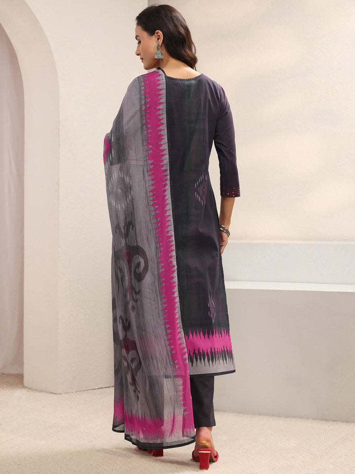 Burgundy Ethnic Printed Cotton Blend Straight Suit Set With Dupatta