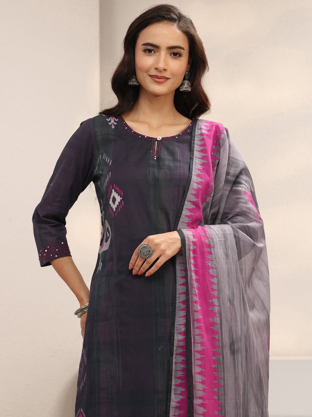 Burgundy Ethnic Printed Cotton Blend Straight Suit Set With Dupatta