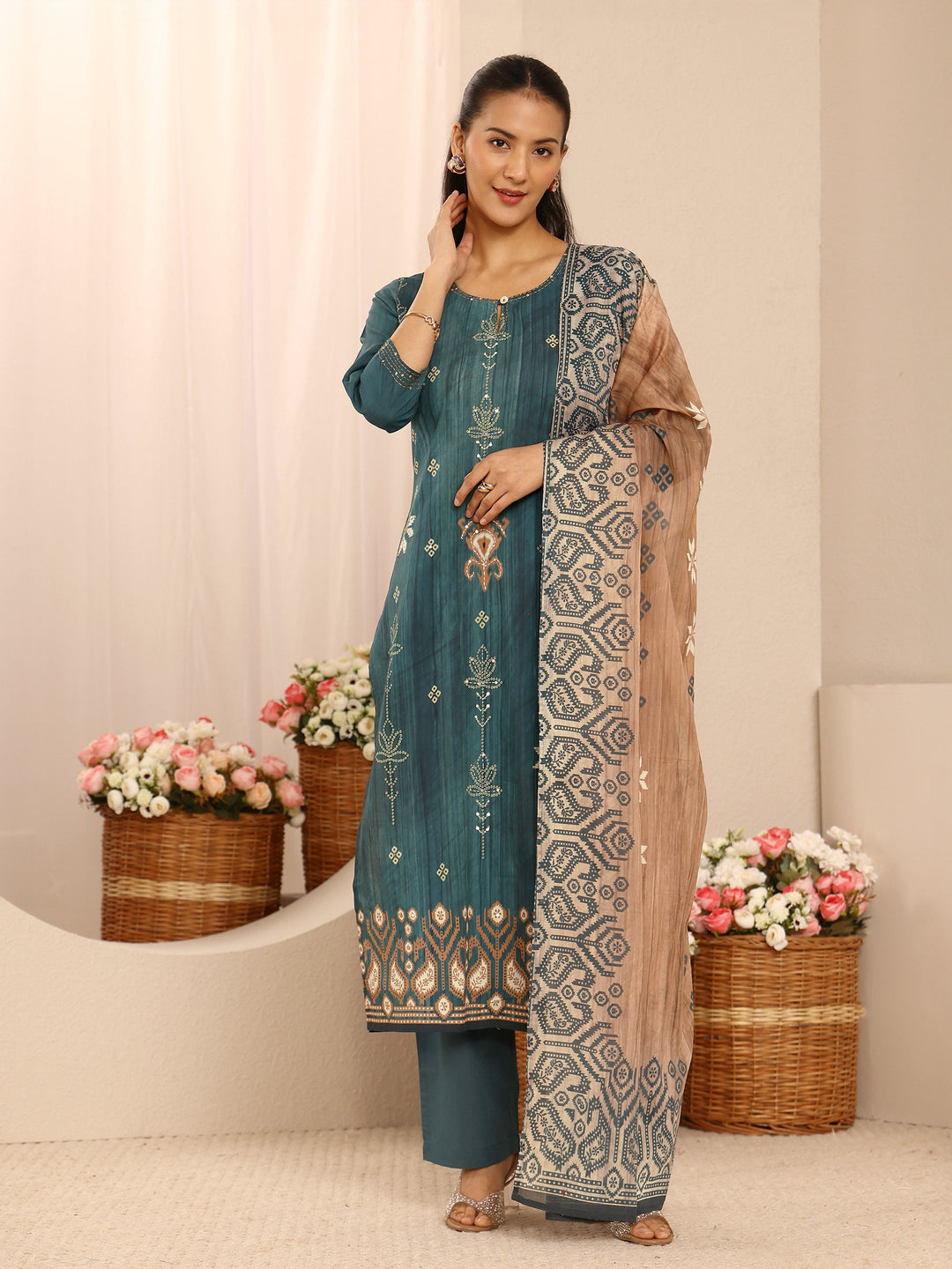 Teal Floral Embellished Cotton Blend Straight Suit Set With Dupatta