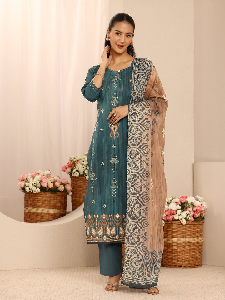Teal Floral Embellished Cotton Blend Straight Suit Set With Dupatta