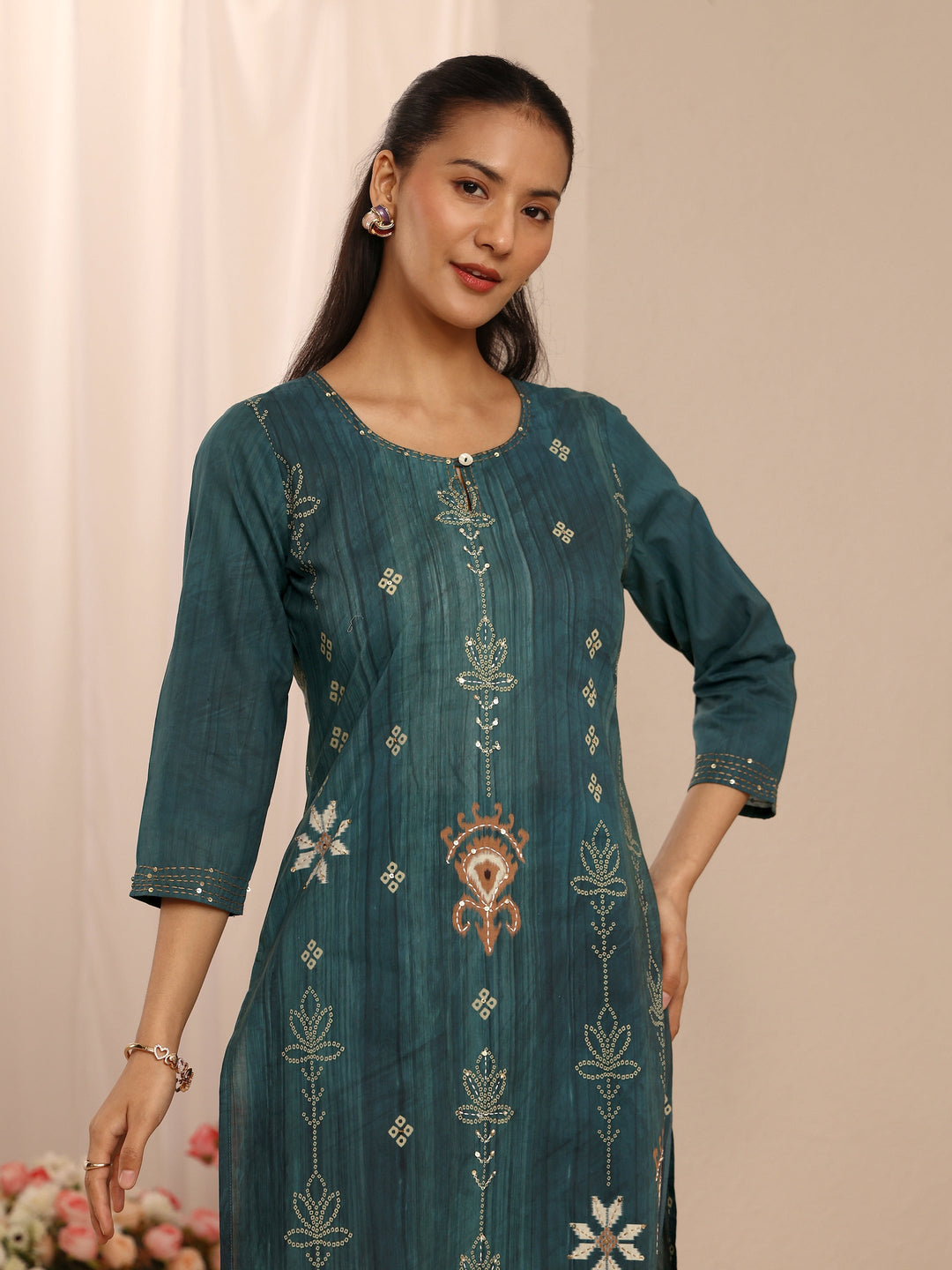 Teal Floral Embellished Cotton Blend Straight Suit Set With Dupatta
