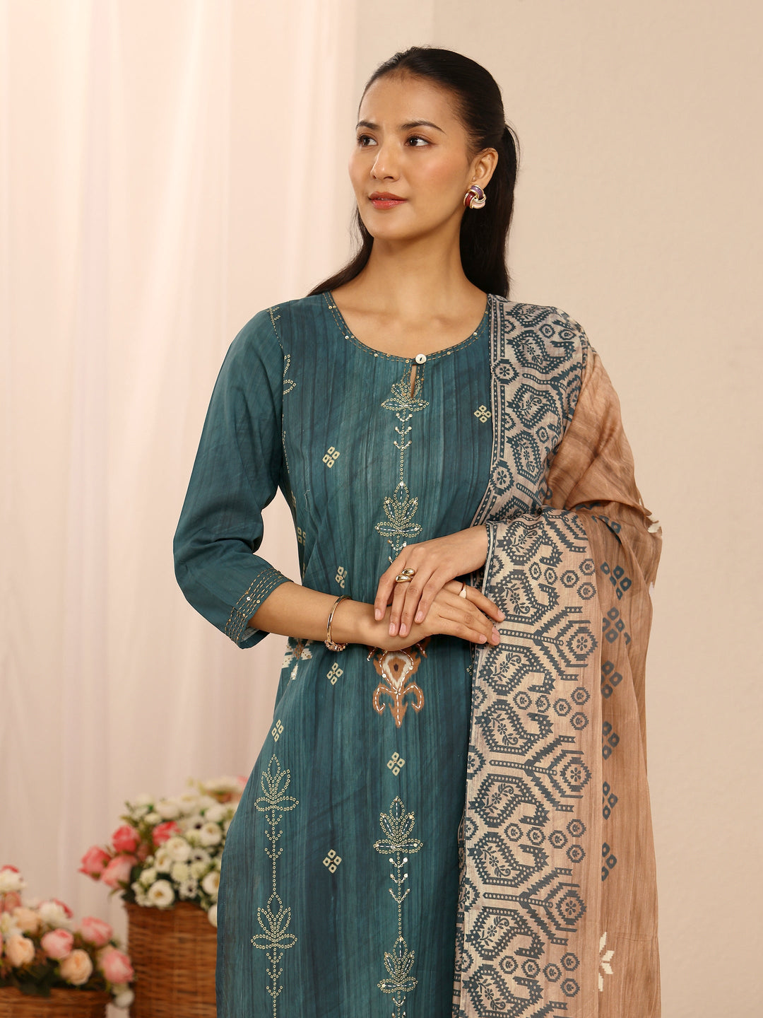 Teal Floral Embellished Cotton Blend Straight Suit Set With Dupatta