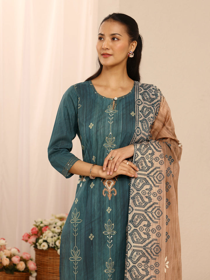 Teal Floral Embellished Cotton Blend Straight Suit Set With Dupatta