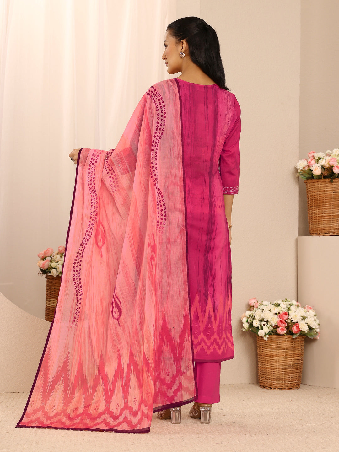 Pink Bandhani Printed Cotton Straight Suit Set With Dupatta