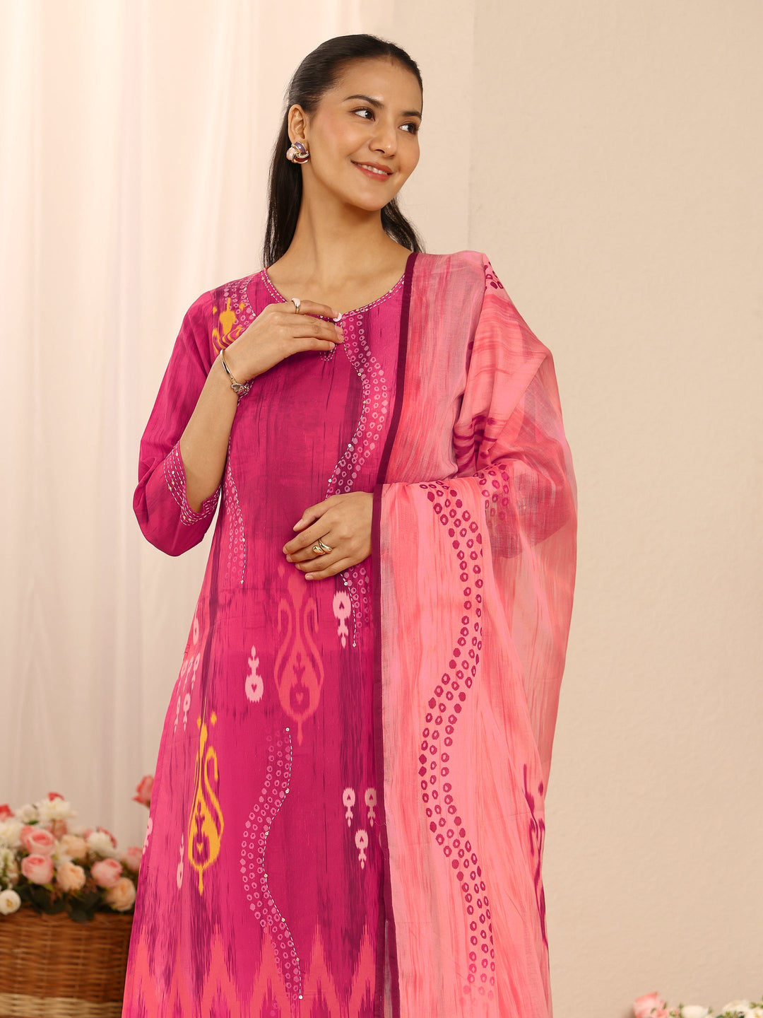 Pink Bandhani Printed Cotton Straight Suit Set With Dupatta
