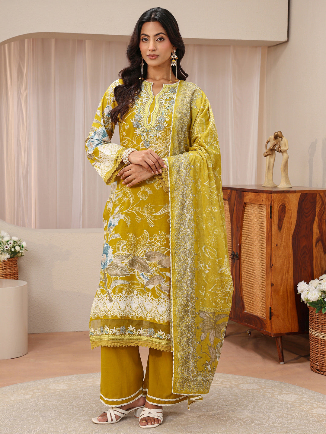 Mustard Floral Printed Cotton Straight Suit Set