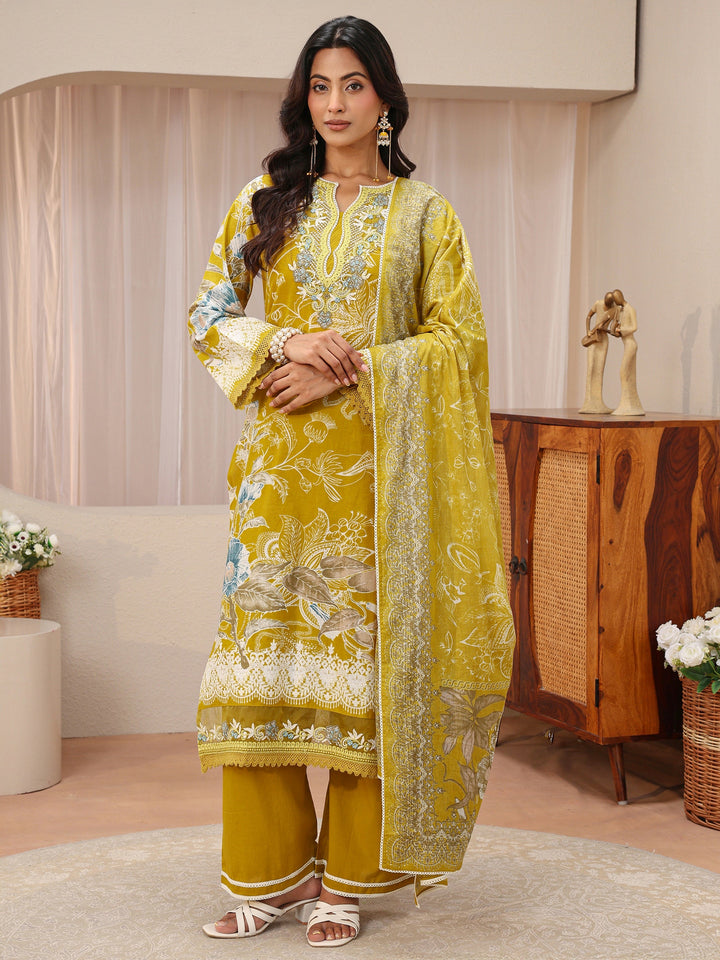 Mustard Floral Printed Cotton Straight Suit Set