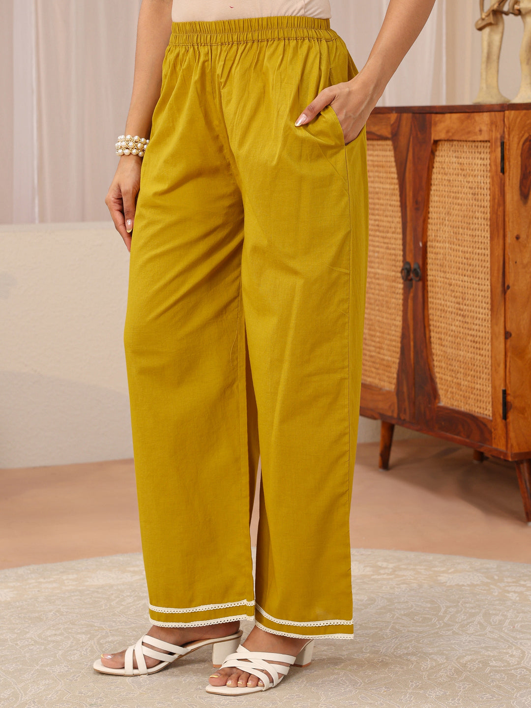 Mustard Floral Printed Cotton Straight Suit Set