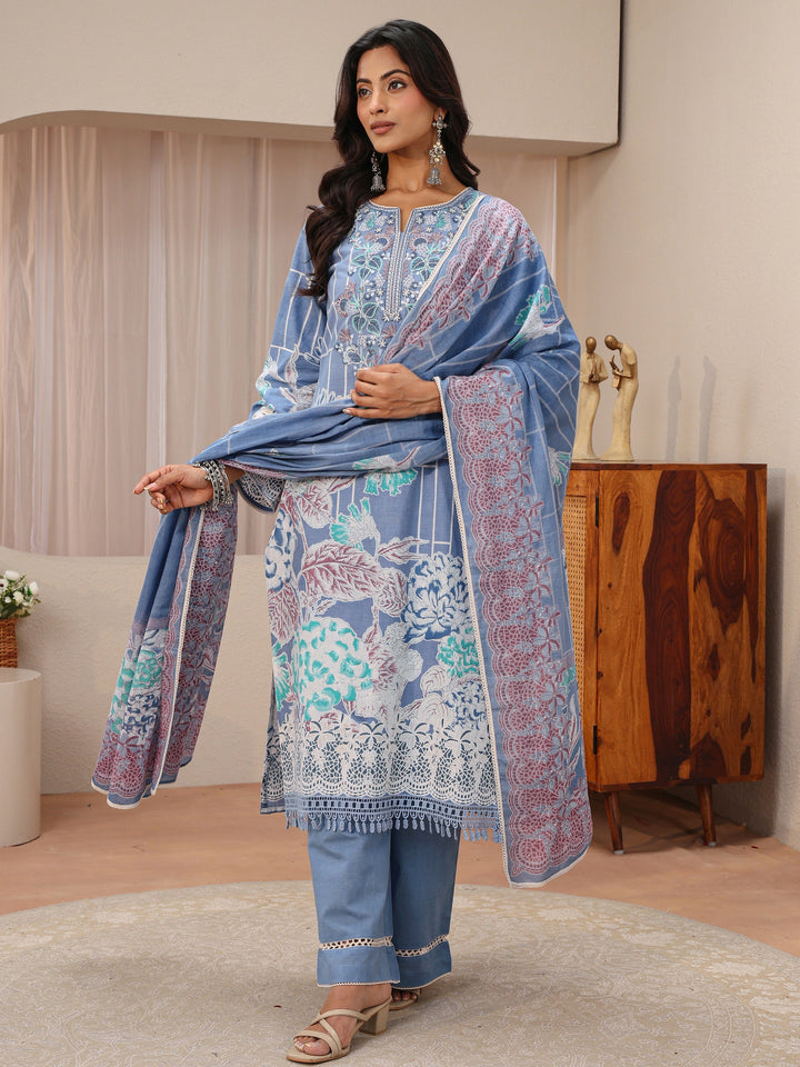 Blue Floral Printed Cotton Straight Suit Set