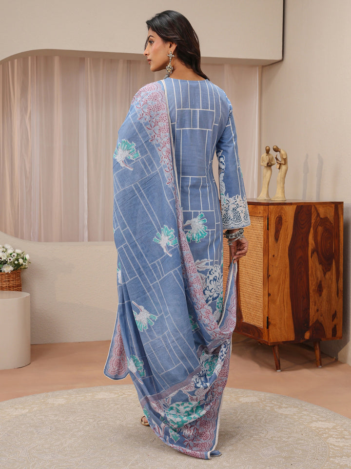 Blue Floral Printed Cotton Straight Suit Set