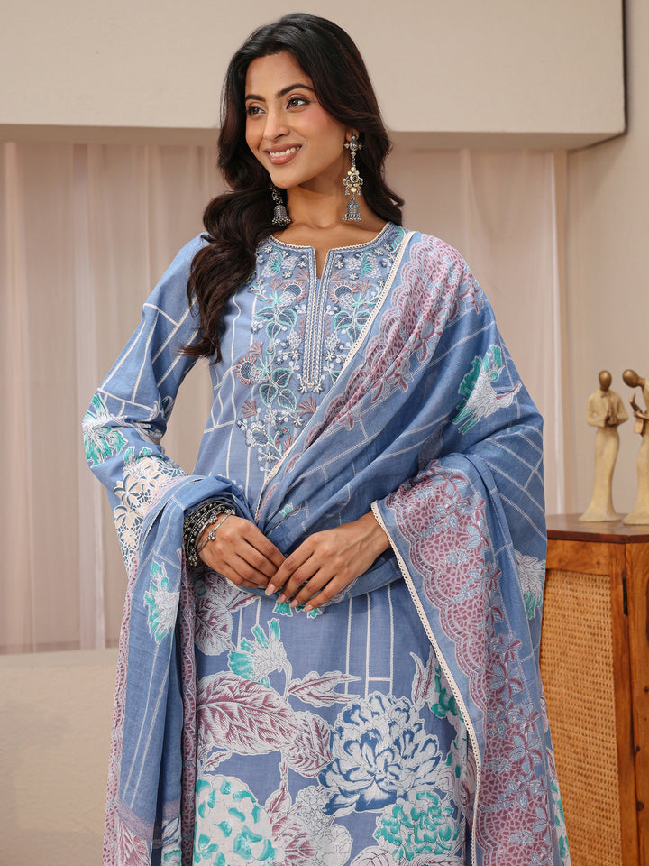 Blue Floral Printed Cotton Straight Suit Set