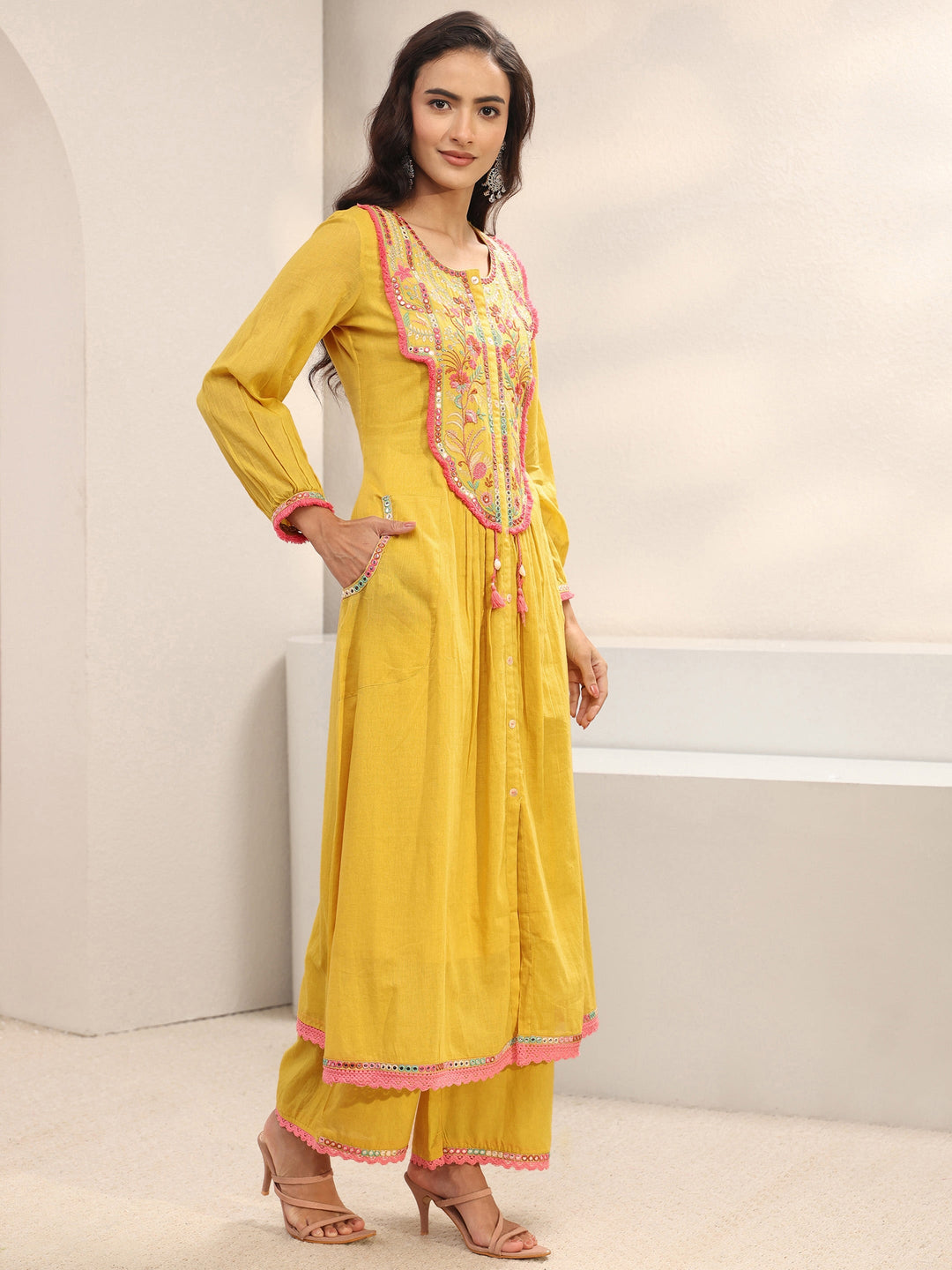 Yellow Floral Embroidered Cotton A-Line Suit Set With Dupatta
