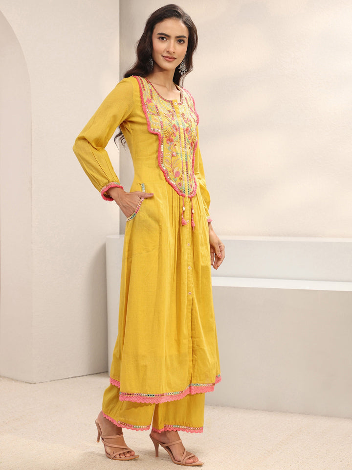 Yellow Floral Embroidered Cotton A-Line Suit Set With Dupatta