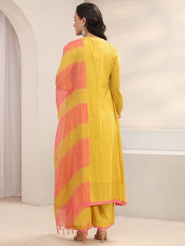Yellow Floral Embroidered Cotton A-Line Suit Set With Dupatta