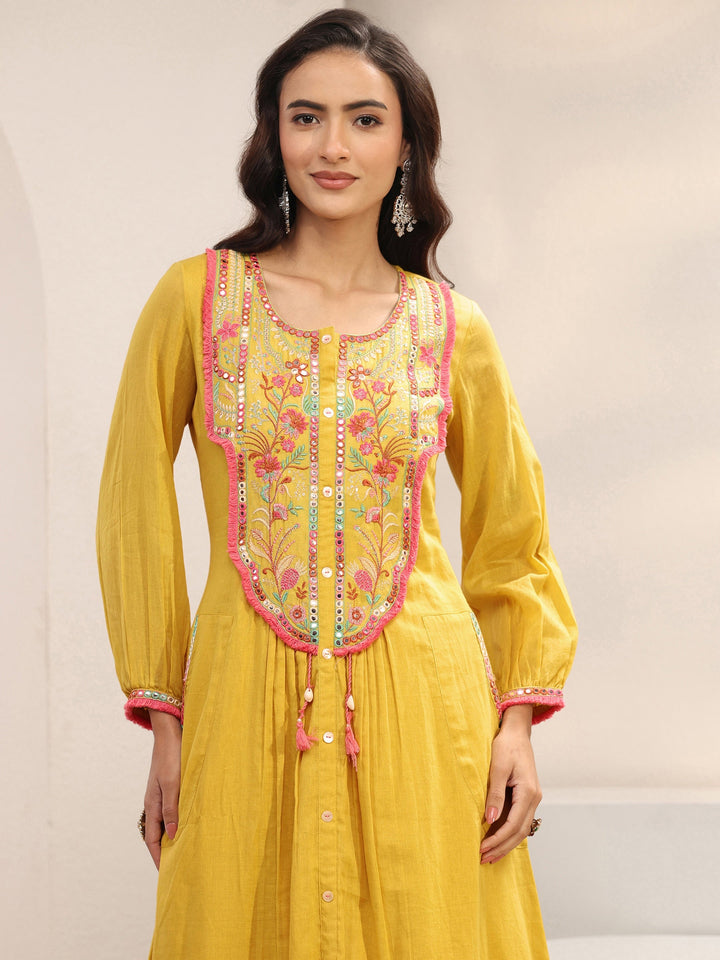 Yellow Floral Embroidered Cotton A-Line Suit Set With Dupatta