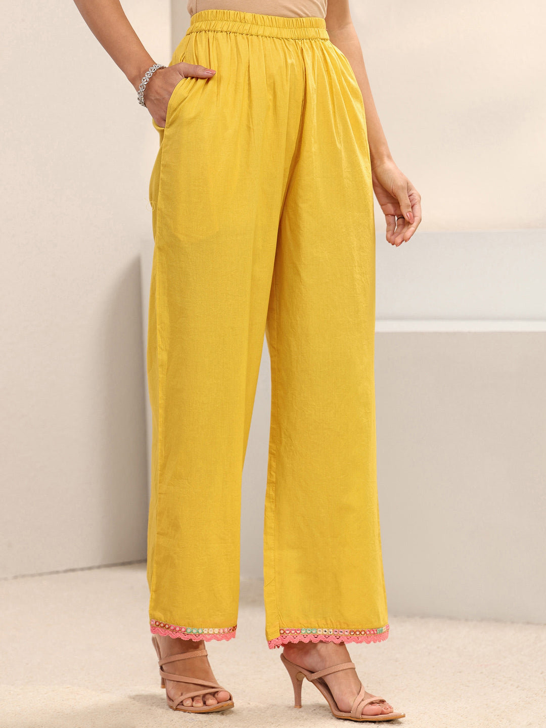 Yellow Floral Embroidered Cotton A-Line Suit Set With Dupatta