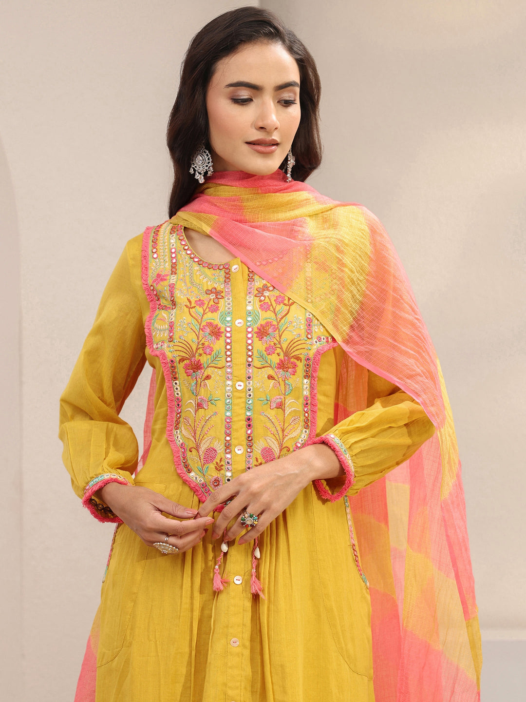 Yellow Floral Embroidered Cotton A-Line Suit Set With Dupatta