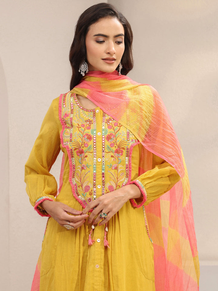 Yellow Floral Embroidered Cotton A-Line Suit Set With Dupatta