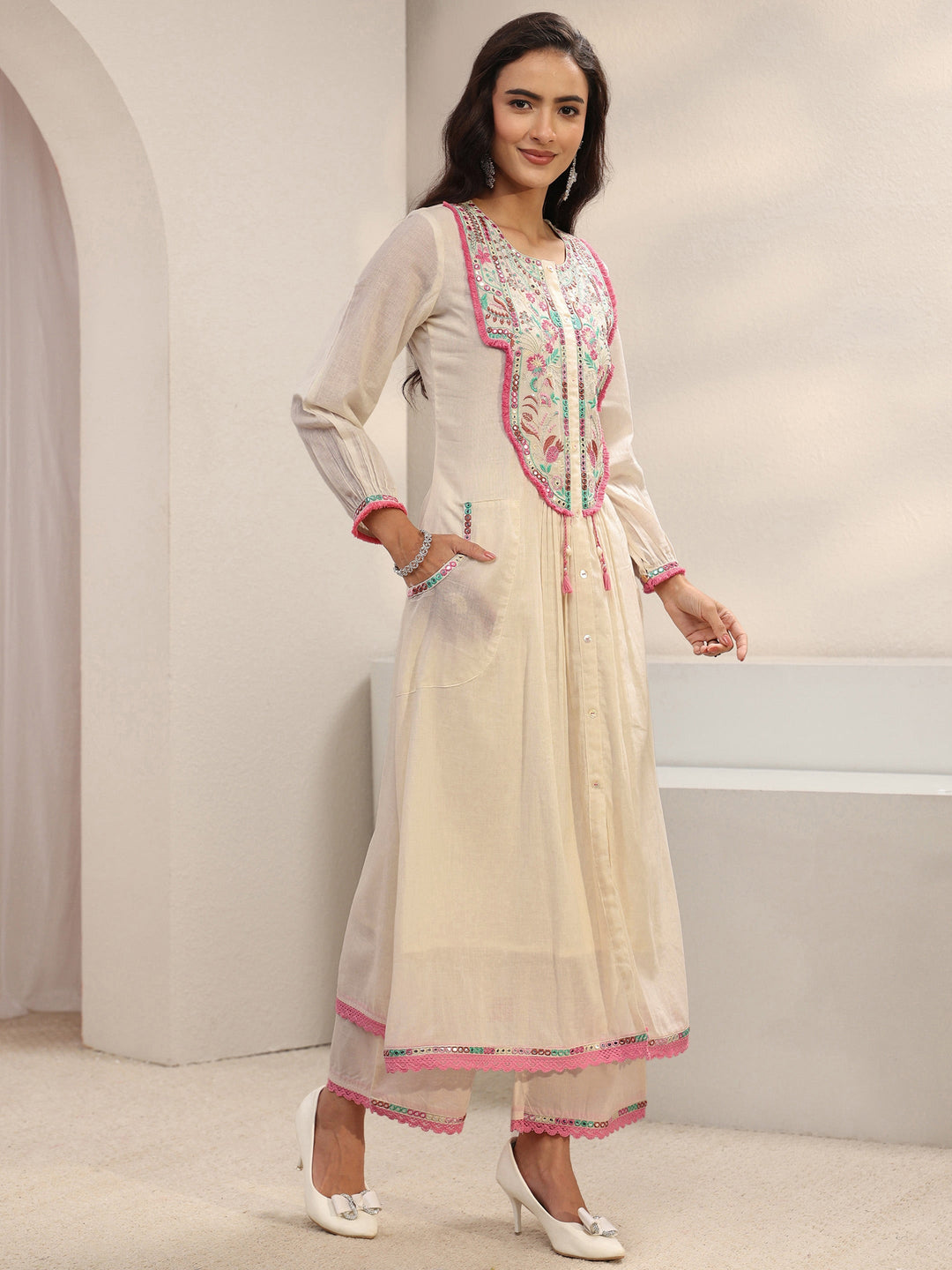 Off White Floral Embroidered Cotton A-Line Suit Set With Dupatta
