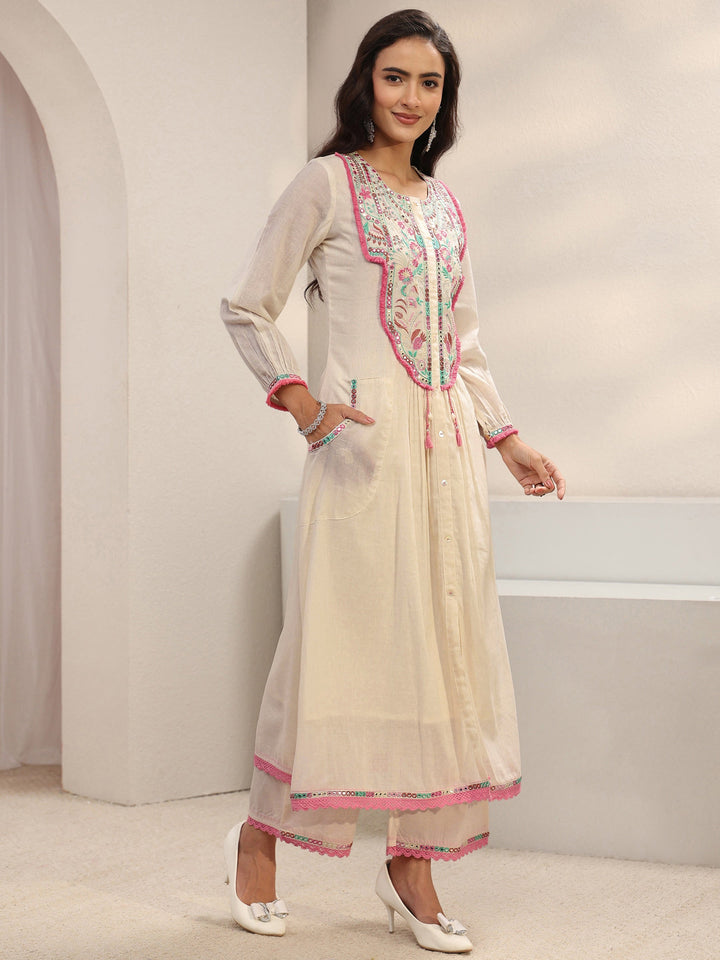 Off White Floral Embroidered Cotton A-Line Suit Set With Dupatta