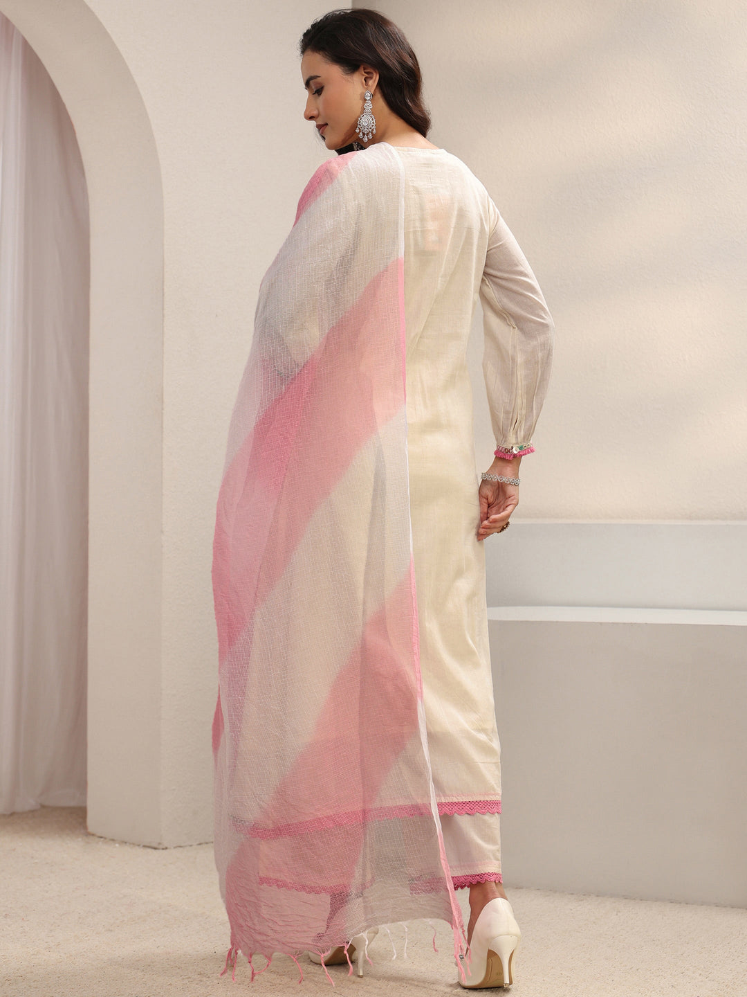 Off White Floral Embroidered Cotton A-Line Suit Set With Dupatta