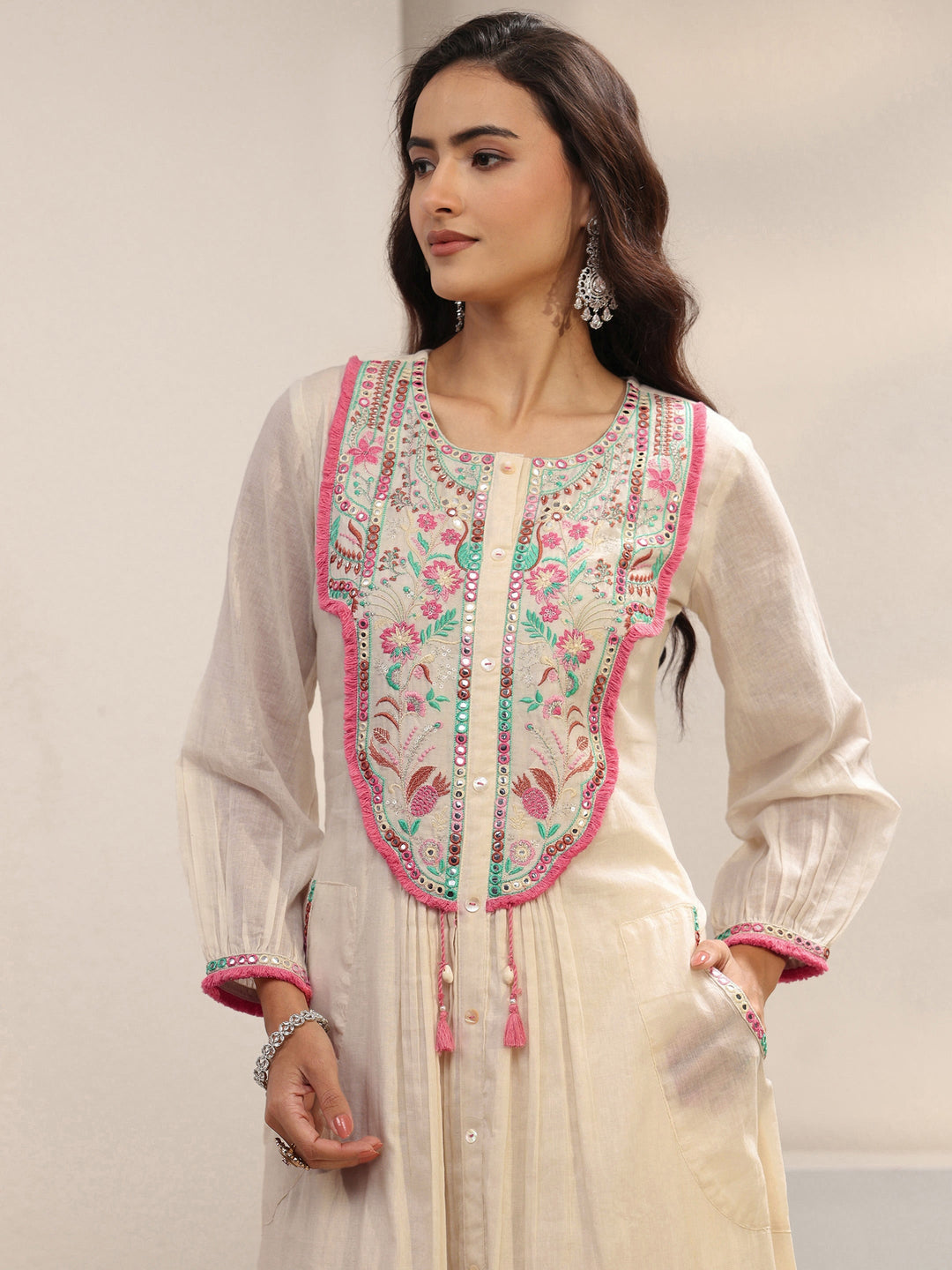 Off White Floral Embroidered Cotton A-Line Suit Set With Dupatta
