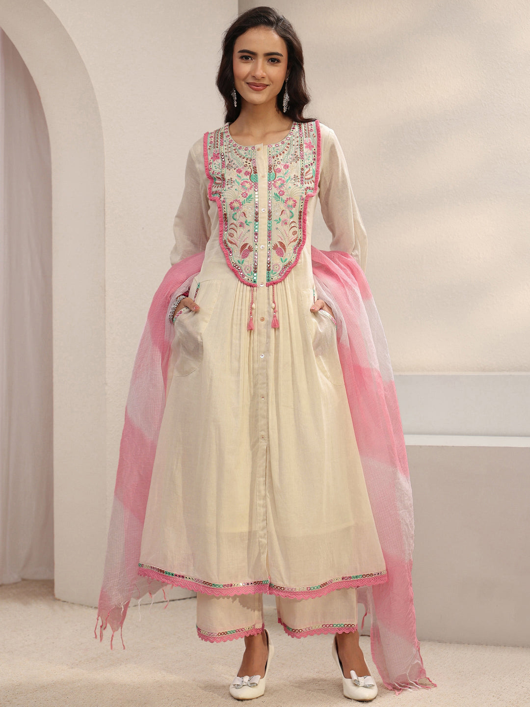 Off White Floral Embroidered Cotton A-Line Suit Set With Dupatta
