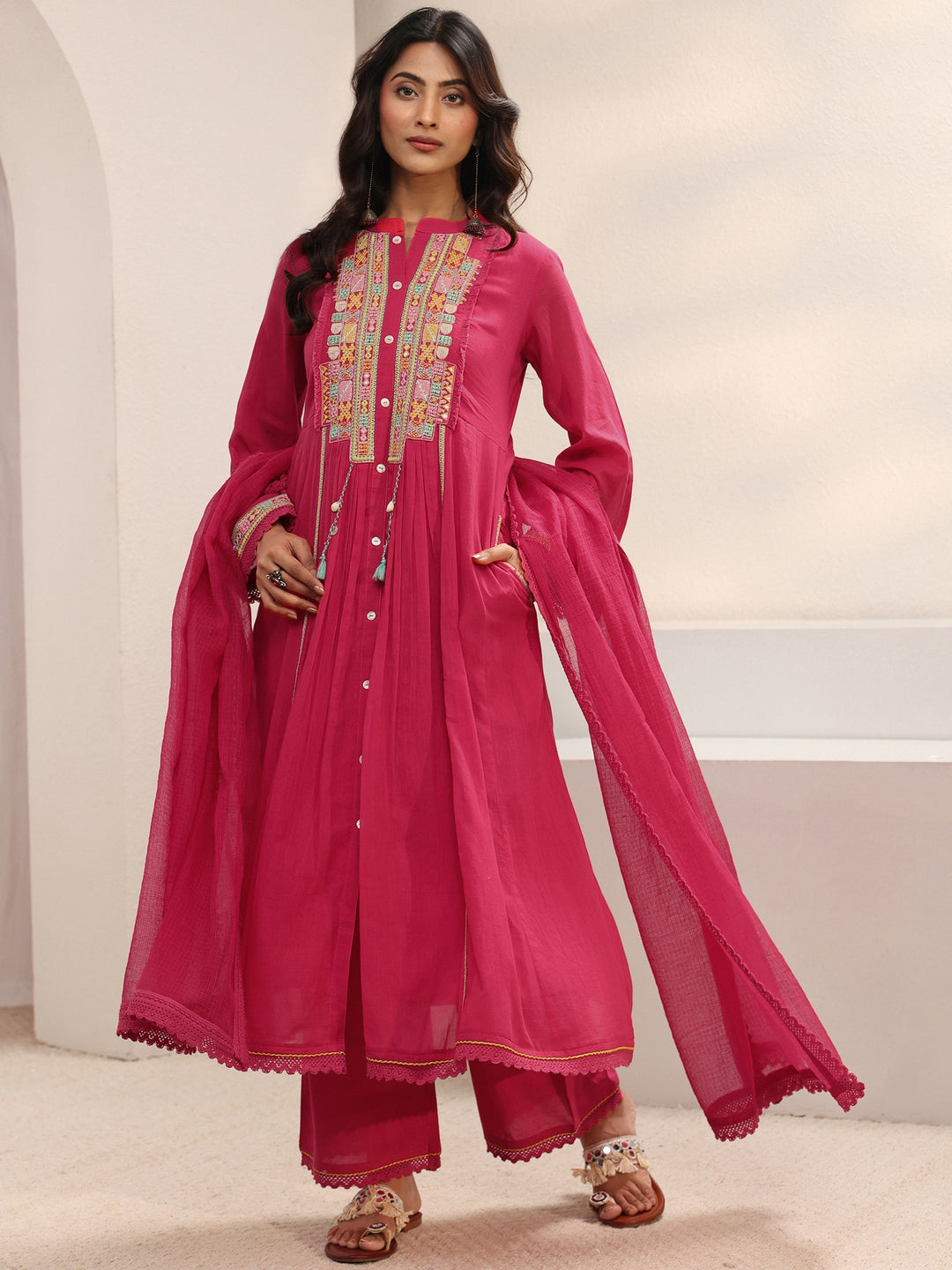 Pink Embroidered Cotton A-Line Suit Set With Dupatta