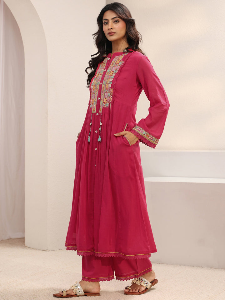 Pink Embroidered Cotton A-Line Suit Set With Dupatta
