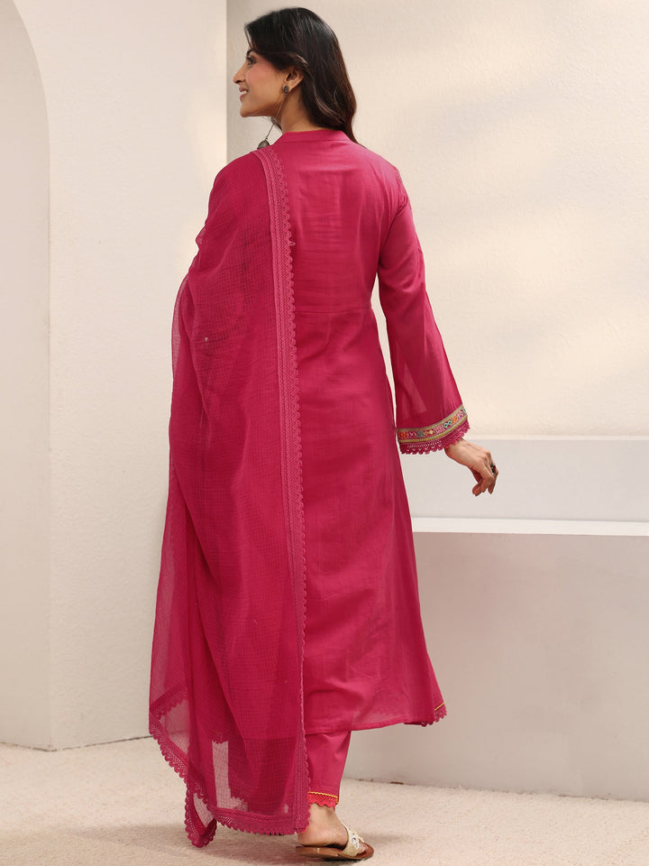 Pink Embroidered Cotton A-Line Suit Set With Dupatta